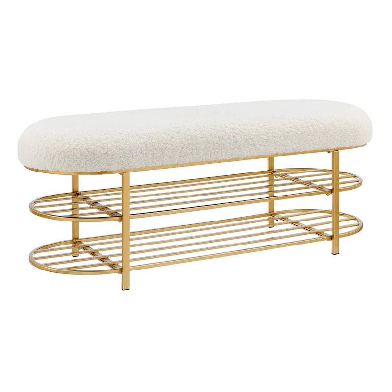 Banc en tissu imitation peau de mouton avec étagère