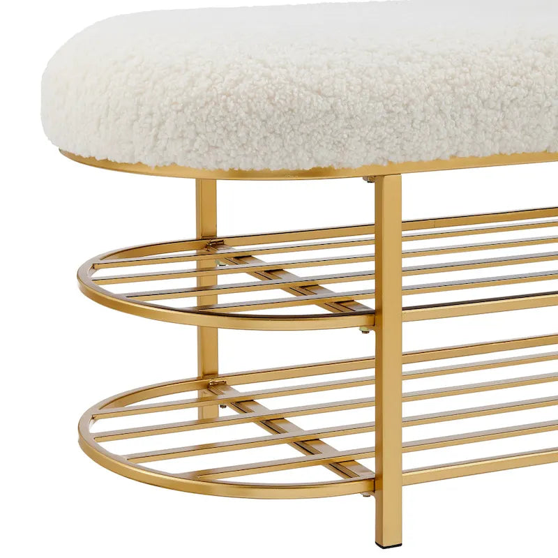 Banc en tissu imitation peau de mouton avec étagère
