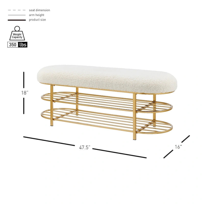Banc en tissu imitation peau de mouton avec étagère