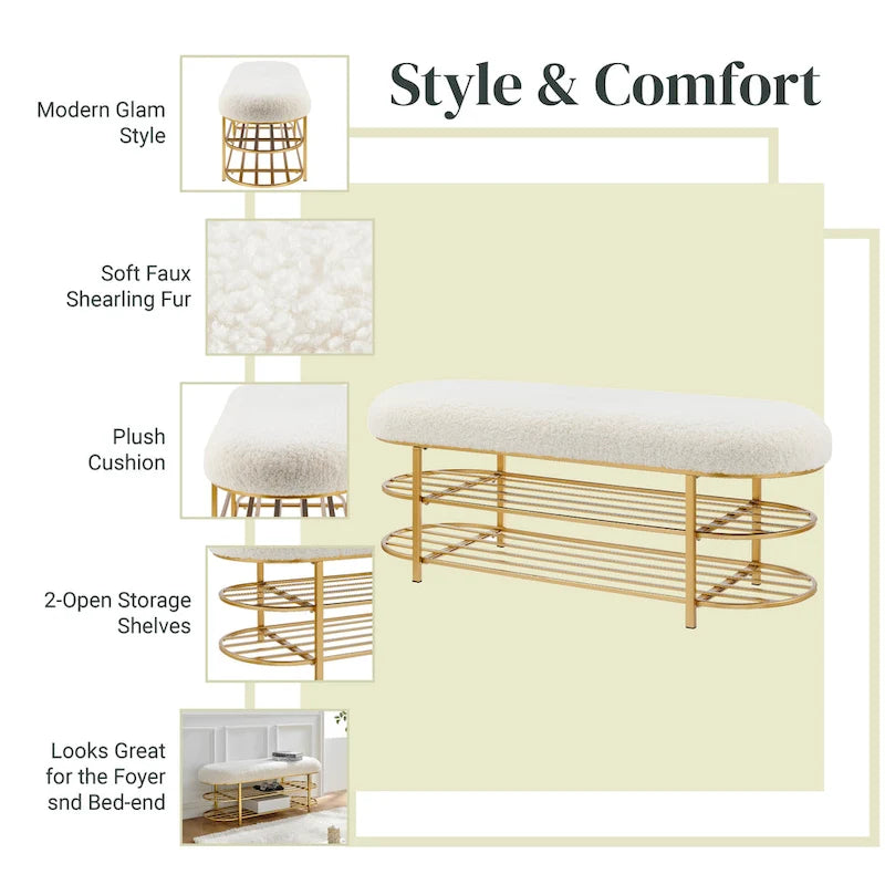 Banc en tissu imitation peau de mouton avec étagère