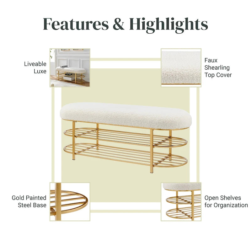 Banc en tissu imitation peau de mouton avec étagère