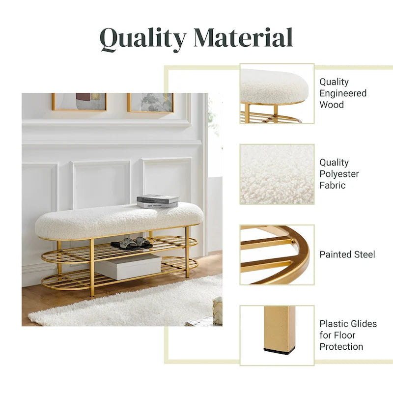 Banc en tissu imitation peau de mouton avec étagère