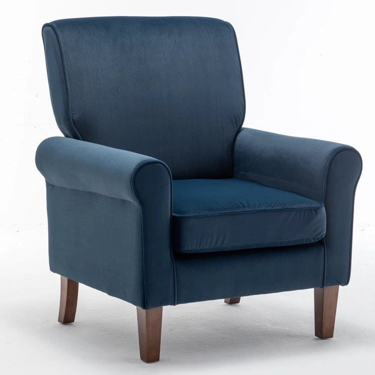 Fauteuil classique en velours avec pieds en bois massif et assise rembourrée épaisse