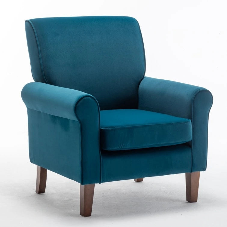 Fauteuil classique en velours avec pieds en bois massif et assise rembourrée épaisse