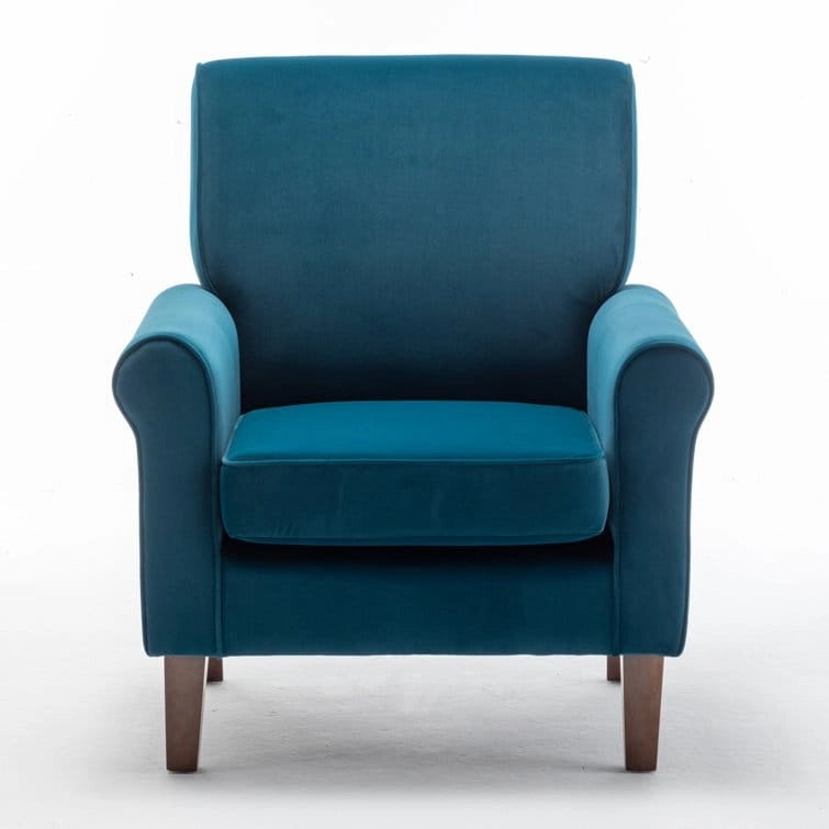 Fauteuil classique en velours avec pieds en bois massif et assise rembourrée épaisse
