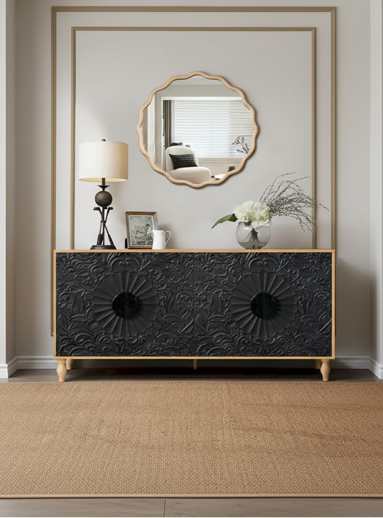 Carved Symmetrical Design Door Storage Cabinet