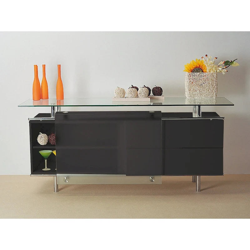 Buffet laqué avec porte coulissante en verre dépoli, 71x21x31H