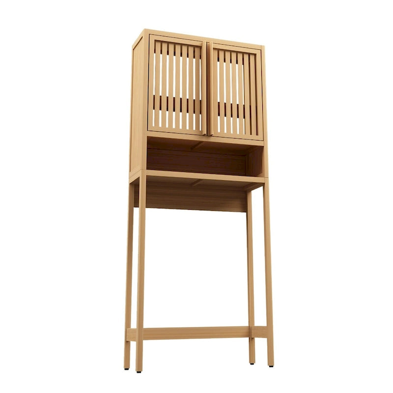 Meuble de rangement au-dessus des toilettes, étagère de salle de bain en bambou naturel de 65 po de haut avec 2 portes