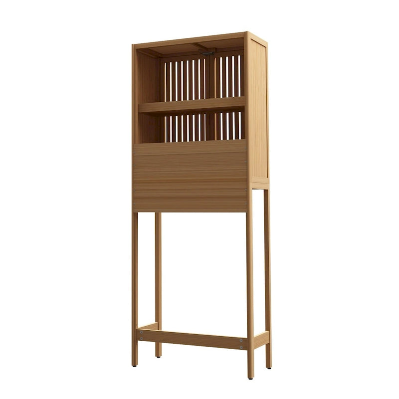Meuble de rangement au-dessus des toilettes, étagère de salle de bain en bambou naturel de 65 po de haut avec 2 portes