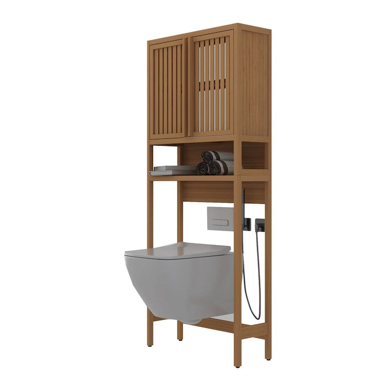 Meuble de rangement au-dessus des toilettes, étagère de salle de bain en bambou naturel de 65 po de haut avec 2 portes