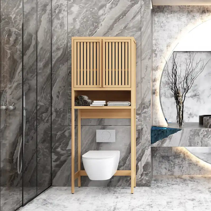 Meuble de rangement au-dessus des toilettes, étagère de salle de bain en bambou naturel de 65 po de haut avec 2 portes
