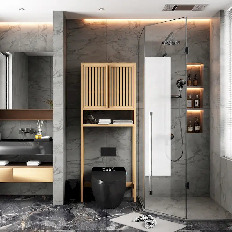 Meuble de rangement au-dessus des toilettes, étagère de salle de bain en bambou naturel de 65 po de haut avec 2 portes
