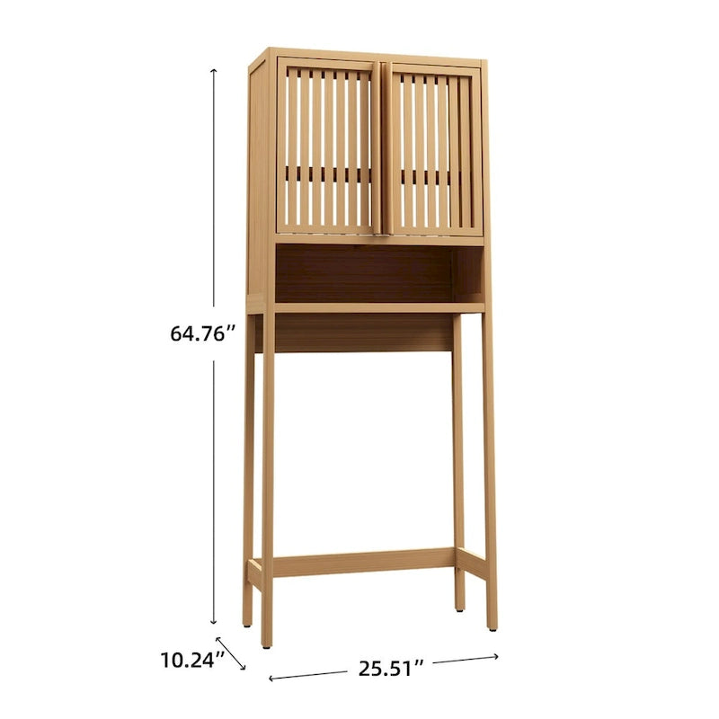 Meuble de rangement au-dessus des toilettes, étagère de salle de bain en bambou naturel de 65 po de haut avec 2 portes