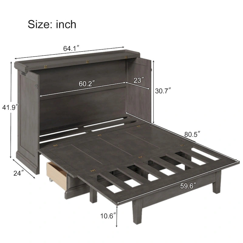 Lit armoire escamotable en pin massif avec station de recharge et grand tiroir de rangement pour bureau à domicile ou petite pièce, grand lit