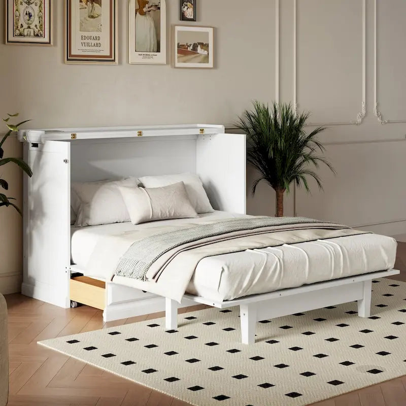 Lit armoire escamotable en pin massif avec station de recharge et grand tiroir de rangement pour bureau à domicile ou petite pièce, grand lit