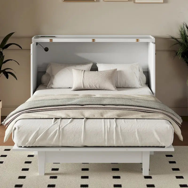 Lit armoire escamotable en pin massif avec station de recharge et grand tiroir de rangement pour bureau à domicile ou petite pièce, grand lit