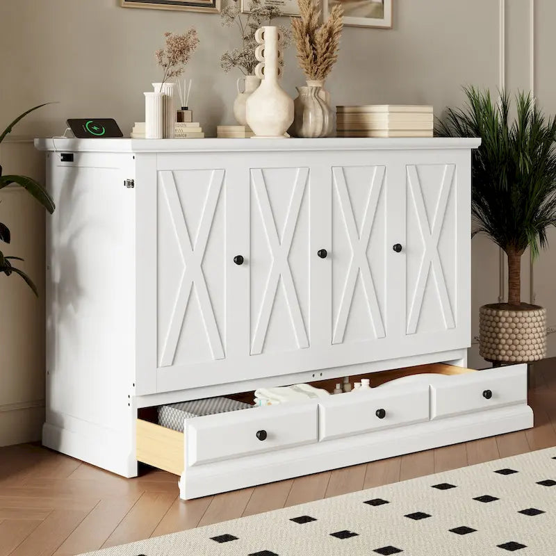 Lit armoire escamotable en pin massif avec station de recharge et grand tiroir de rangement pour bureau à domicile ou petite pièce, grand lit