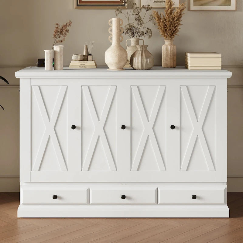 Lit armoire escamotable en pin massif avec station de recharge et grand tiroir de rangement pour bureau à domicile ou petite pièce, grand lit