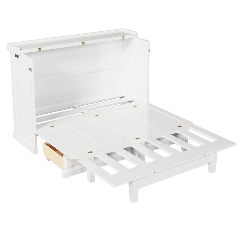 Lit armoire escamotable en pin massif avec station de recharge et grand tiroir de rangement pour bureau à domicile ou petite pièce, grand lit