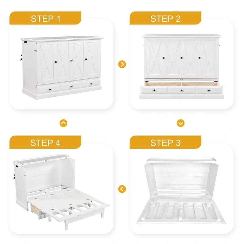 Lit armoire escamotable en pin massif avec station de recharge et grand tiroir de rangement pour bureau à domicile ou petite pièce, grand lit
