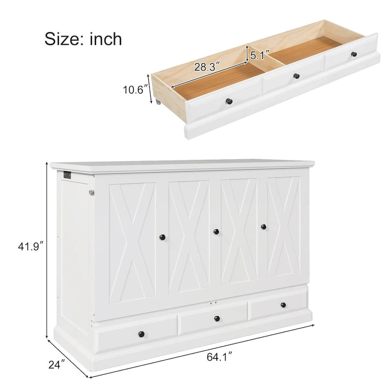 Lit armoire escamotable en pin massif avec station de recharge et grand tiroir de rangement pour bureau à domicile ou petite pièce, grand lit