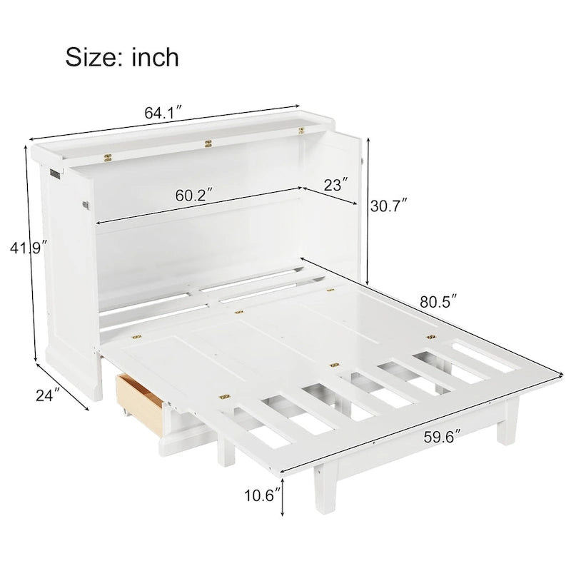 Lit armoire escamotable en pin massif avec station de recharge et grand tiroir de rangement pour bureau à domicile ou petite pièce, grand lit